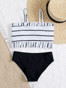 Tween Girl Striped Smocked Frill Trim Bikini Set Summer Beach - Black and White - View 3