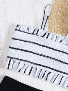 Tween Girl Striped Smocked Frill Trim Bikini Set Summer Beach - Black and White - View 4