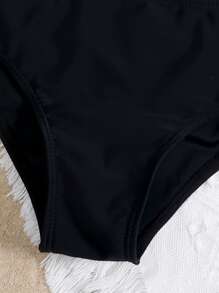 Tween Girl Striped Smocked Frill Trim Bikini Set Summer Beach - Black and White - View 5