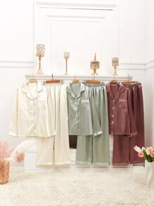 Snug Zone 3sets Contrast Binding Satin Pajama Set, Fall & Winter Clothes - Multicolor - View 1