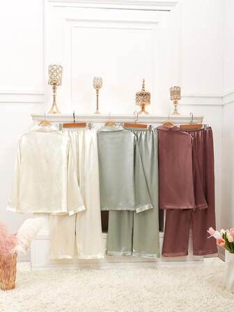 Snug Zone 3套撞色包边缎面睡衣套装，秋冬服装