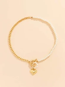Heart Charm Faux Pearl Beaded Necklace - Yellow Gold - View 2