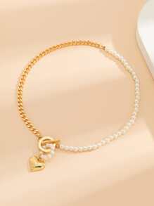 Heart Charm Faux Pearl Beaded Necklace - Yellow Gold - View 3
