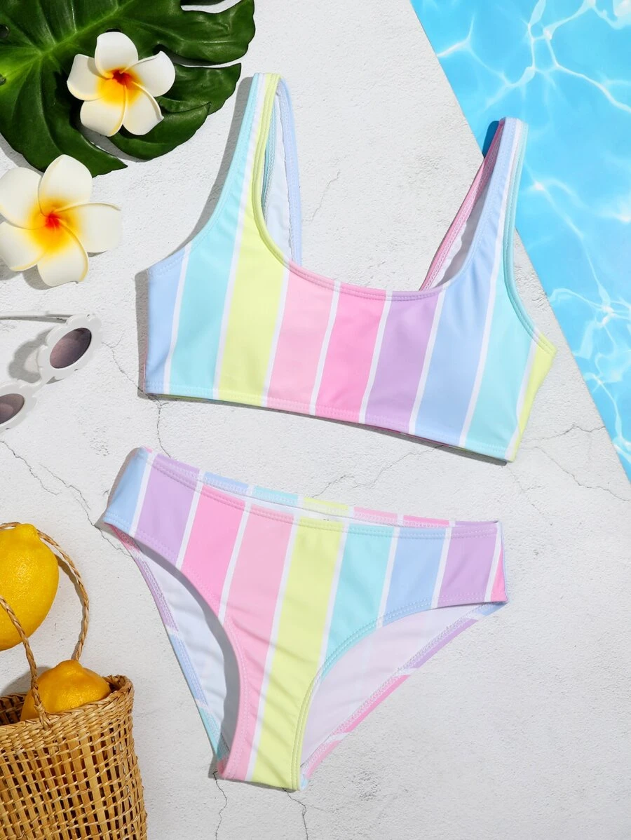 Tween Girl Striped Bikini Set Summer Beach - Multicolor - View 1