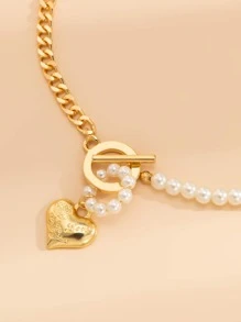 Heart Charm Faux Pearl Beaded Necklace - Yellow Gold - View 4