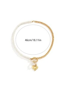 Heart Charm Faux Pearl Beaded Necklace - Yellow Gold - View 5