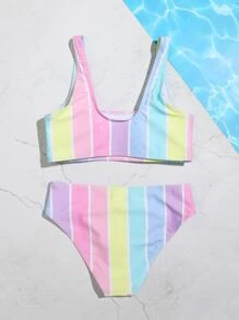 Tween Girl Striped Bikini Set Summer Beach - Multicolor - View 2