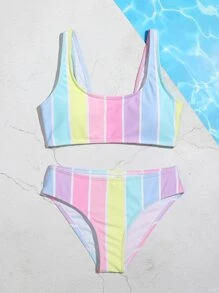 Tween Girl Striped Bikini Set Summer Beach - Multicolor - View 3