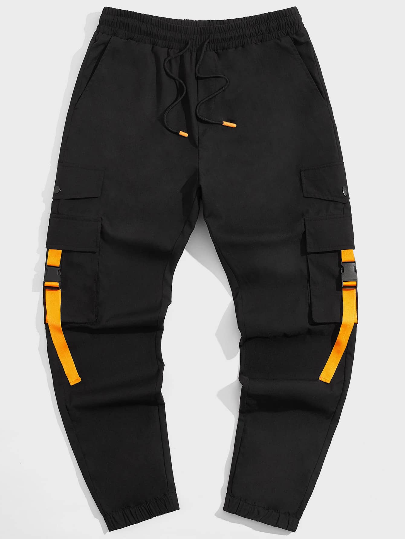 Manfinity 男士搭扣帶細節腰部抽繩長褲 - 黑色 - 查看 1