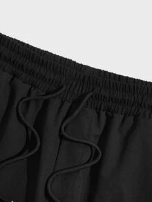 Manfinity 男士搭扣帶細節腰部抽繩長褲 - 黑色 - 查看 3