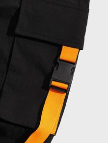 Manfinity 男士搭扣帶細節腰部抽繩長褲 - 黑色 - 查看 4