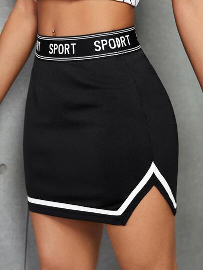 Letter Graphic Slit Hem Skirt