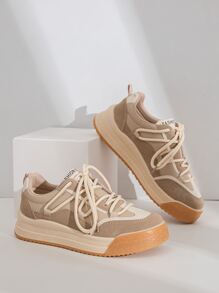 Women's Spring And Autumn Khaki Tone Sneakers With Round Toe Lace-Up Thick Sole For Casual Sports - Khaki - View 2