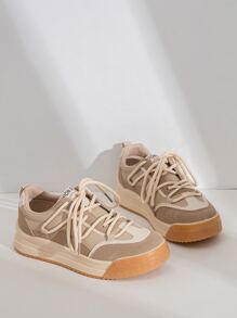 Women's Spring And Autumn Khaki Tone Sneakers With Round Toe Lace-Up Thick Sole For Casual Sports - Khaki - View 3