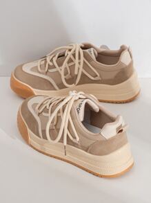 Women's Spring And Autumn Khaki Tone Sneakers With Round Toe Lace-Up Thick Sole For Casual Sports - Khaki - View 4