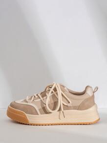 Women's Spring And Autumn Khaki Tone Sneakers With Round Toe Lace-Up Thick Sole For Casual Sports - Khaki - View 6