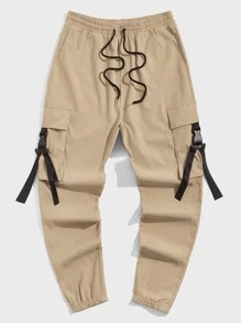 Manfinity 男士帶扣細節翻蓋口袋腰部抽繩長褲 - 卡其色 - 查看 1