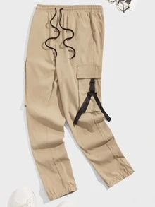 Manfinity 男士帶扣細節翻蓋口袋腰部抽繩長褲 - 卡其色 - 查看 2