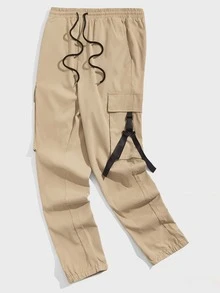 Manfinity 男士帶扣細節翻蓋口袋腰部抽繩長褲 - 卡其色 - 查看 4