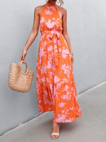 SHEIN VCAY Vestido con cinturón con estampado floral bajo con fruncido - Naranja - Ver 1
