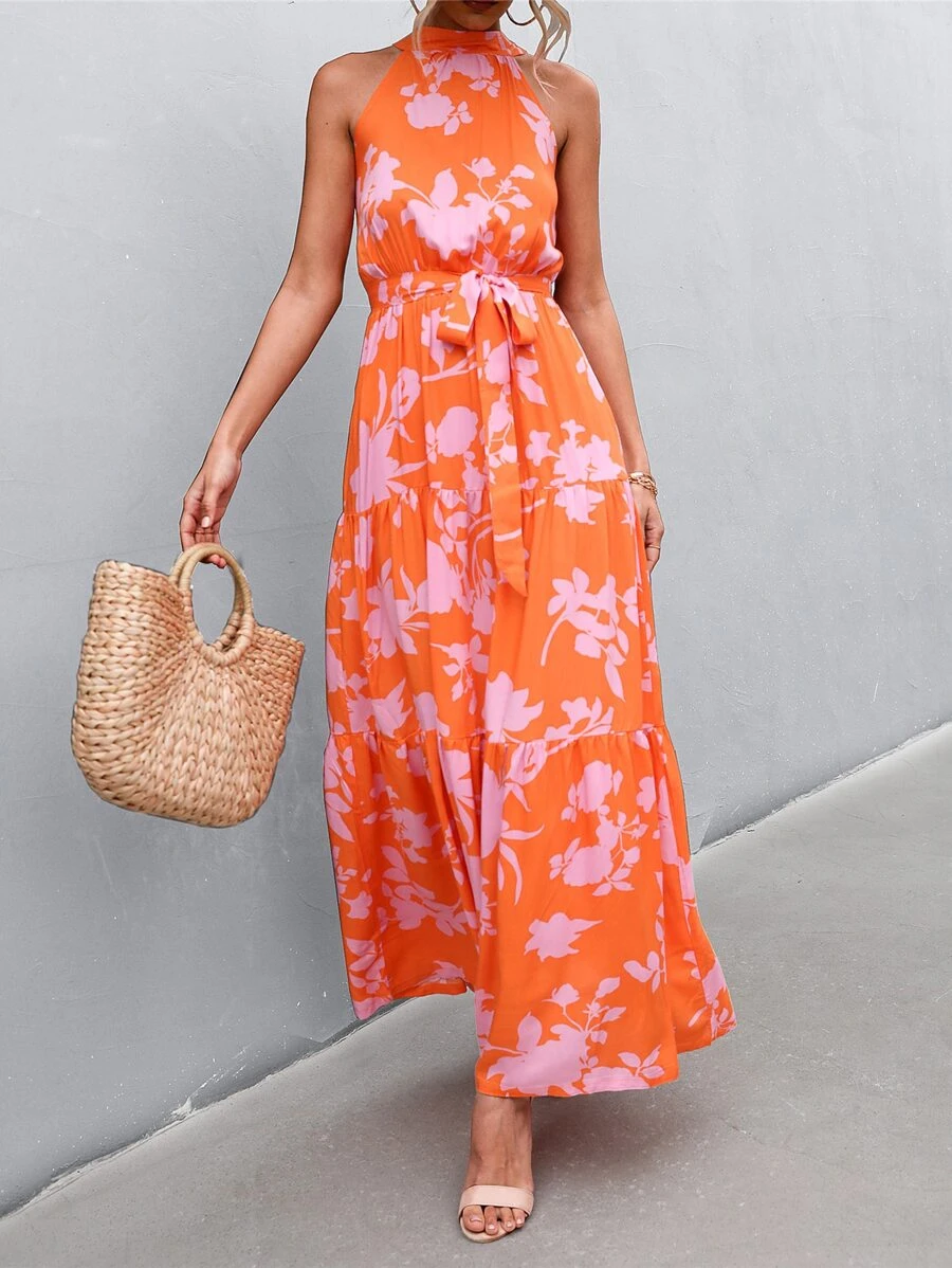 SHEIN VCAY Vestido con cinturón con estampado floral bajo con fruncido - Naranja - Ver 1