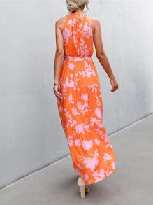 SHEIN VCAY Vestido con cinturón con estampado floral bajo con fruncido - Naranja - Ver 2