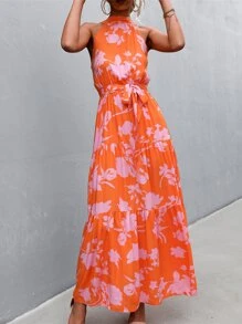 SHEIN VCAY Vestido con cinturón con estampado floral bajo con fruncido - Naranja - Ver 3