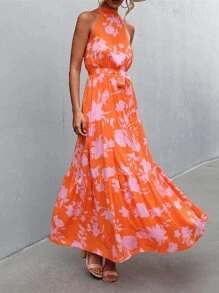 SHEIN VCAY Vestido con cinturón con estampado floral bajo con fruncido - Naranja - Ver 4