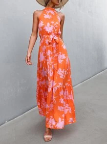 SHEIN VCAY Vestido con cinturón con estampado floral bajo con fruncido - Naranja - Ver 5