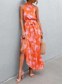 SHEIN VCAY Vestido con cinturón con estampado floral bajo con fruncido - Naranja - Ver 6