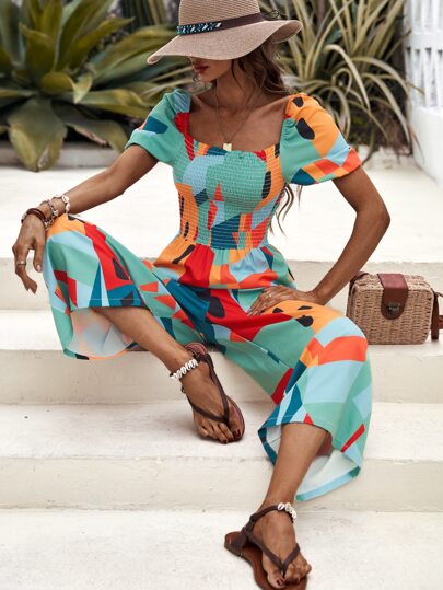 ランダムカラー シール パフスリーブ ワイドレッグジャンプスーツ