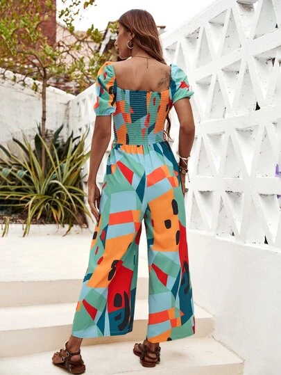 ランダムカラー シール パフスリーブ ワイドレッグジャンプスーツ