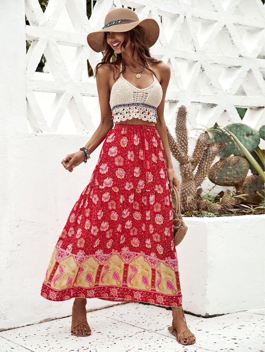 Falda larga con estampado floral - Rojo - Ver 1