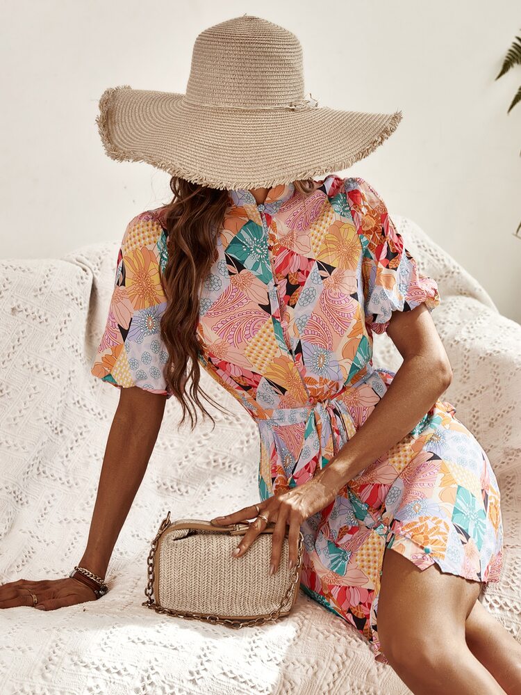 SHEIN Unity 隨機花朵印花腰帶襯衫洋裝 - 彩色 - 查看 1