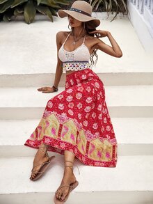 Falda larga con estampado floral - Rojo - Ver 3