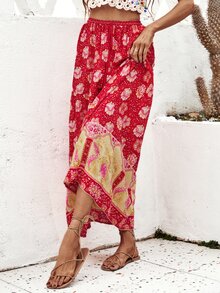 Falda larga con estampado floral - Rojo - Ver 4