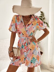 SHEIN Unity Random Floral Print Belted Shirt Dress - Multicolor - View 4