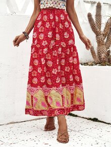 Falda larga con estampado floral - Rojo - Ver 5