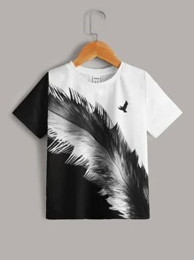 SHEIN Leap Crew Young Boy Fashionable And Loose Fit Eagle And Feather Printed T-Shirt - Black and White - View 1
