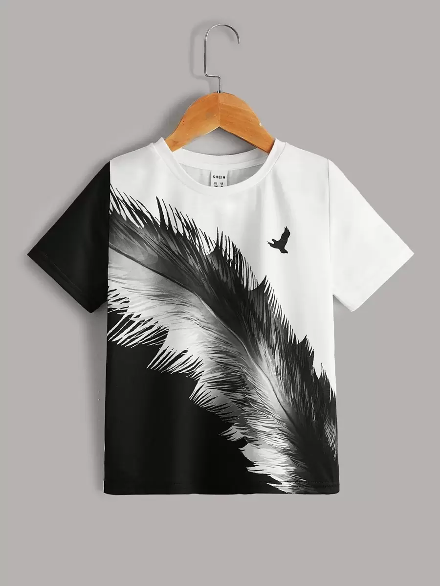 SHEIN Leap Crew Young Boy Fashionable And Loose Fit Eagle And Feather Printed T-Shirt - Black and White - View 1