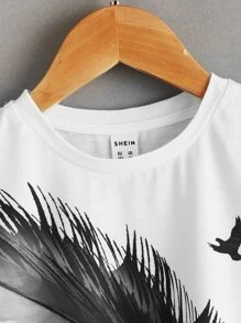 SHEIN Leap Crew Young Boy Fashionable And Loose Fit Eagle And Feather Printed T-Shirt - Black and White - View 3