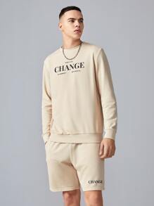 GENTILAND Hombres Conjunto Shorts con sudadera con estampado de letra - Caqui - Ver 1