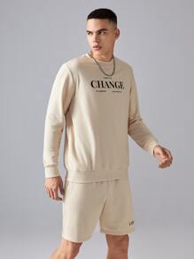 GENTILAND Hombres Conjunto Shorts con sudadera con estampado de letra - Caqui - Ver 4