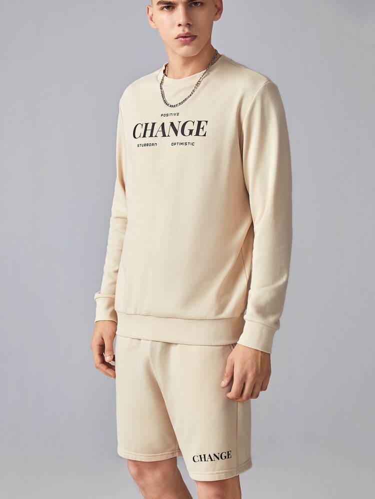 GENTILAND 男士字母圖案運動衫和短褲套裝 - 卡其色 - 查看 5