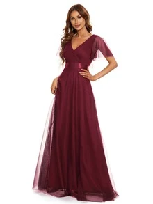 低後交叉領抽褶網紗舞會連衣裙 - 酒紅色 - 查看 8