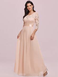 EVERPRETTY V型露背上身蕾絲雪紡伴娘連衣裙 - 杏色 - 查看 6