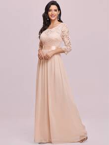 EVERPRETTY V型露背上身蕾絲雪紡伴娘連衣裙 - 杏色 - 查看 7