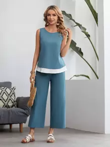 EMERY ROSE Contrast Hem Tank Top And Trousers Set - Dusty Blue - View 1