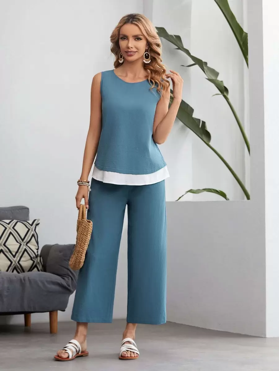 EMERY ROSE Contrast Hem Tank Top And Trousers Set - Dusty Blue - View 1