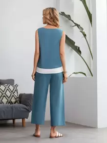 EMERY ROSE Contrast Hem Tank Top And Trousers Set - Dusty Blue - View 2
